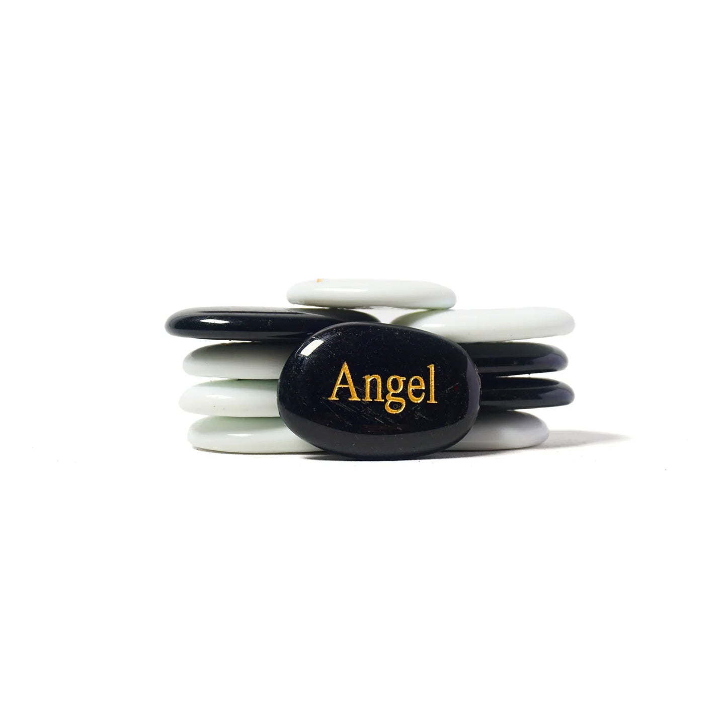 Stack of black and white stones with 'Angel' engraved on a white background