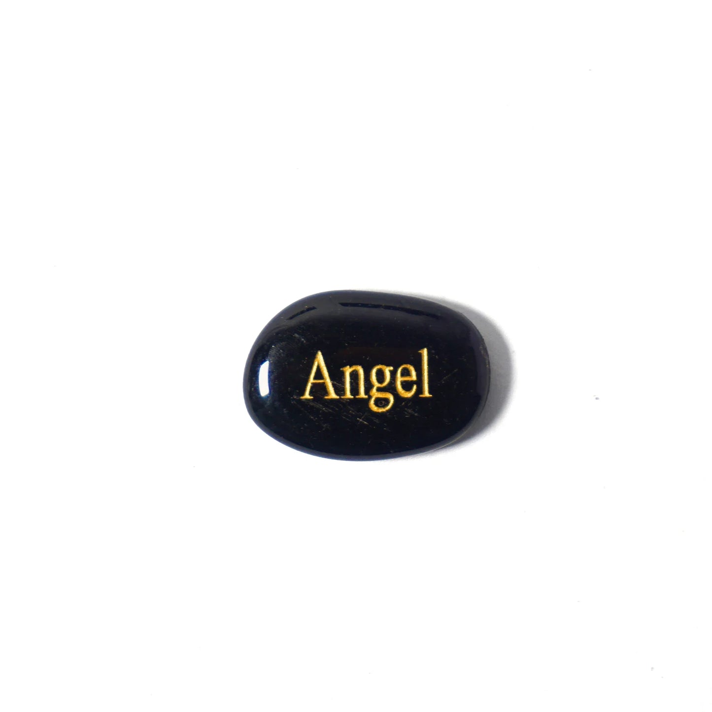 Black stone with 'Angel' engraved in gold on a white background