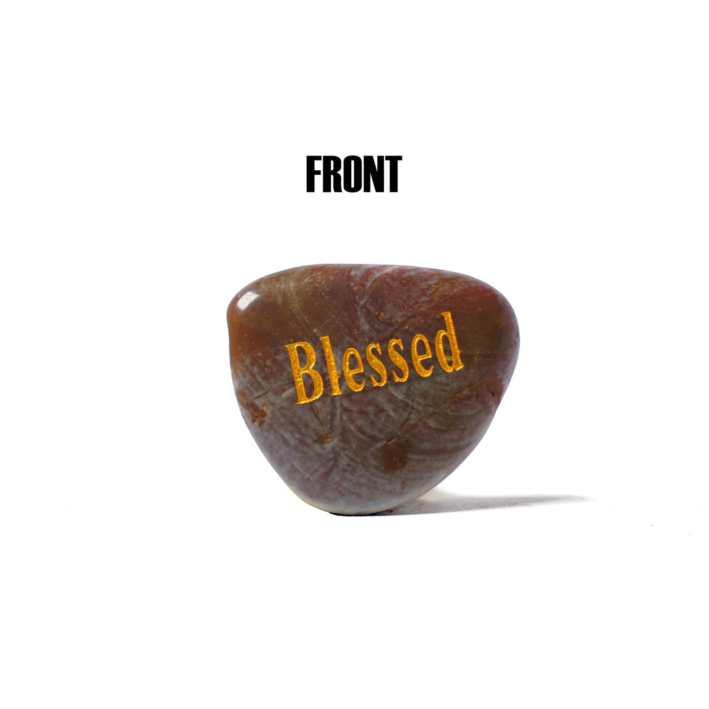 Brown stone with 'Blessed' engraved on a white background