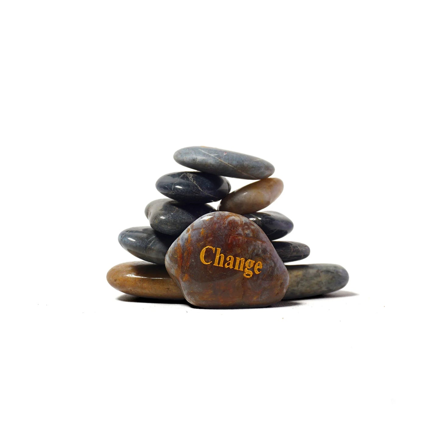 Stack of stones with a prominent stone labeled 'Change' on a white background