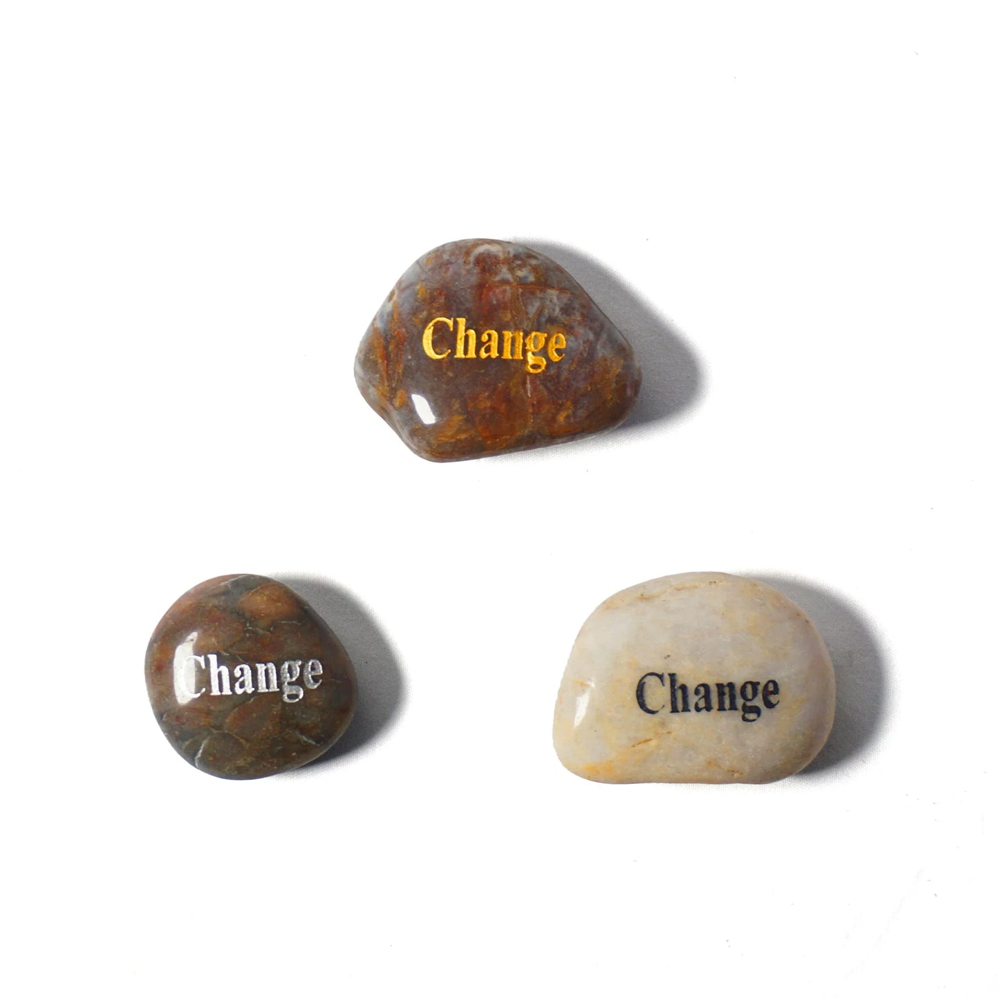 Three stones with the word 'Change' on them against a white background