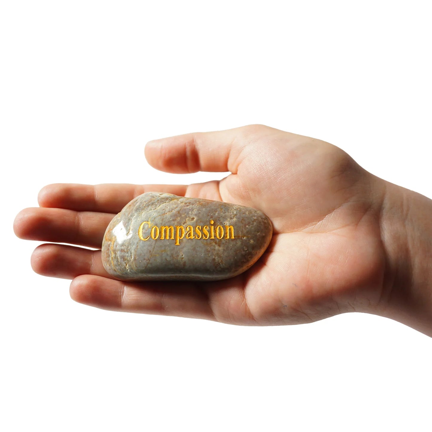 Hand holding a stone with 'Compassion' engraved on it against a white background