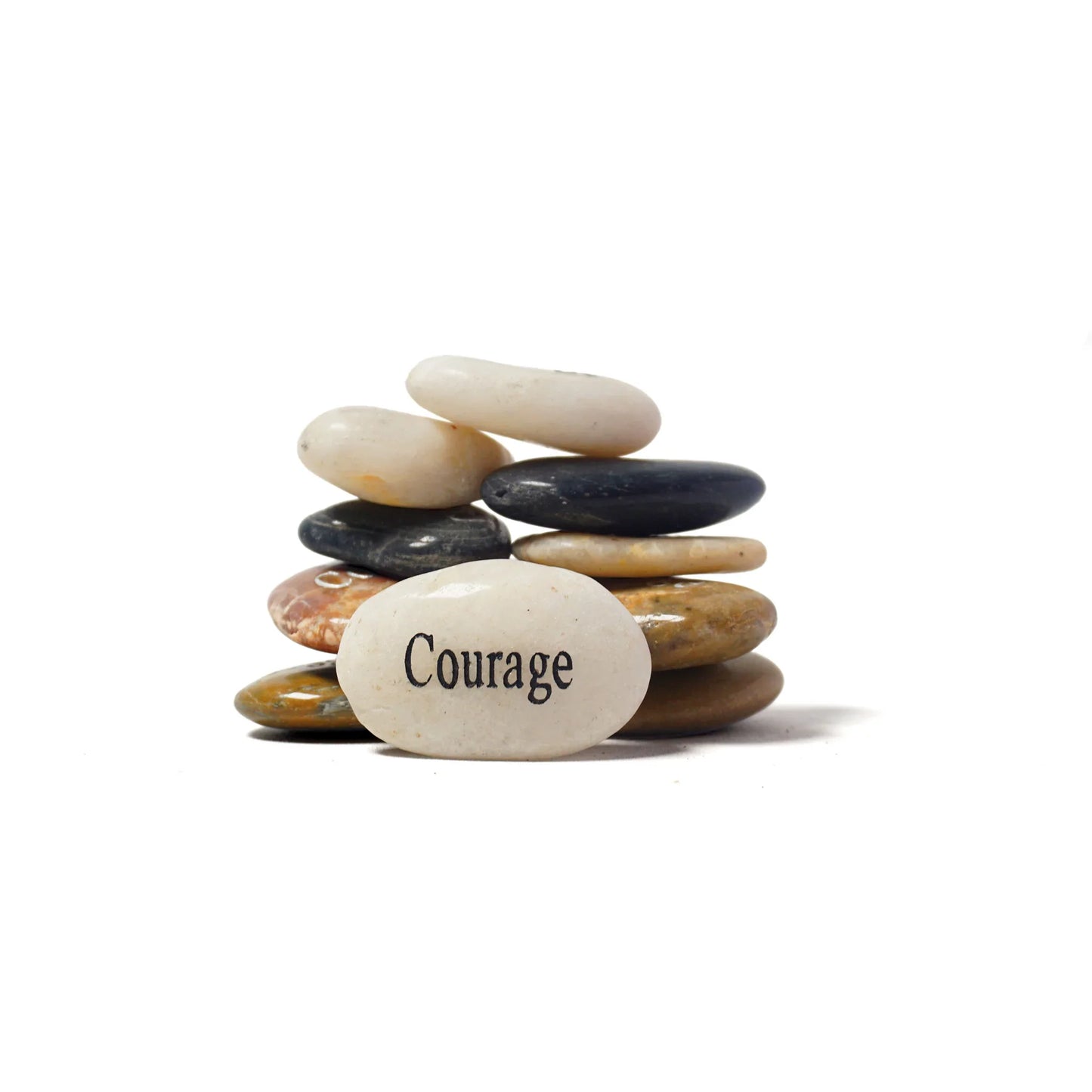 Stack of stones with a white stone in the center labeled 'Courage' on a white background