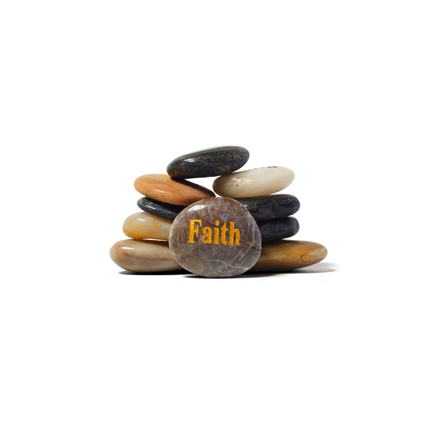 Stack of stones with a button labeled 'Faith' on a white background