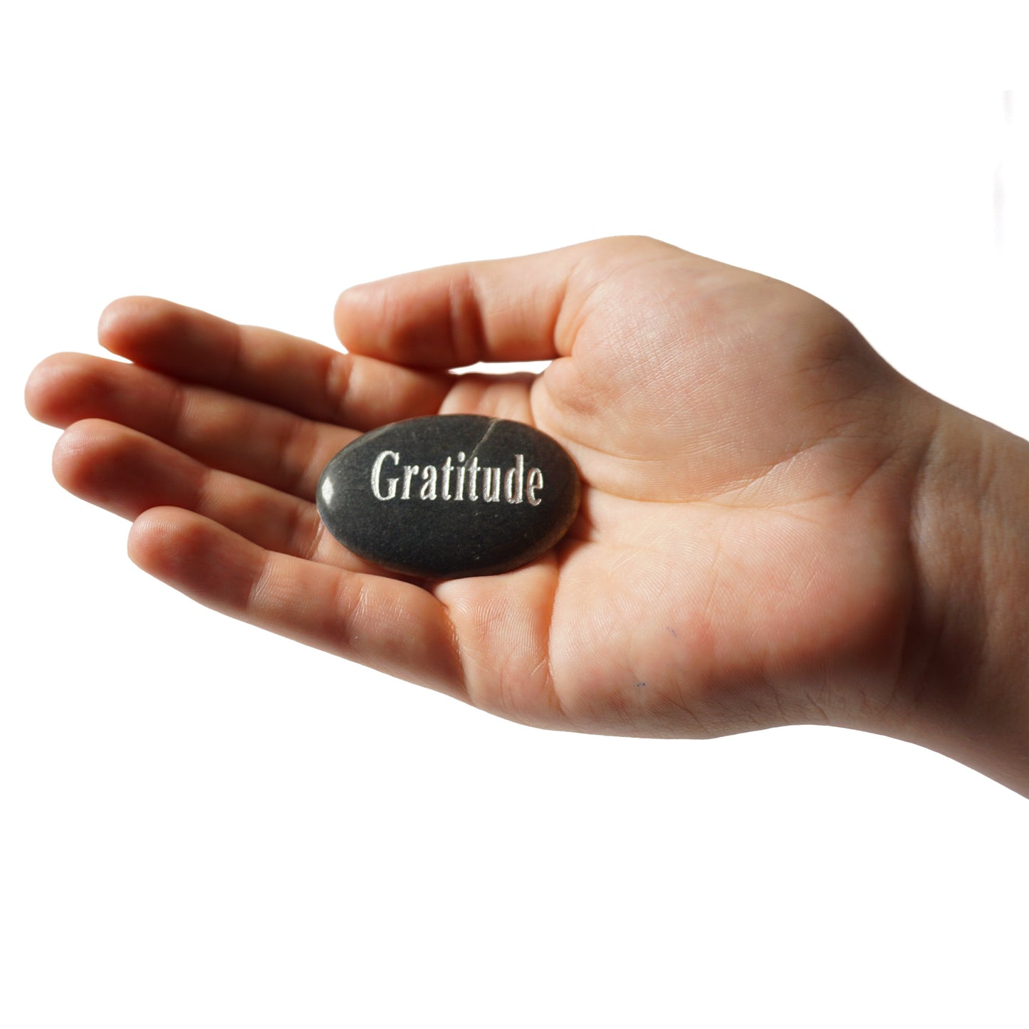 Hand holding a stone with 'Gratitude' engraved on it against a white background