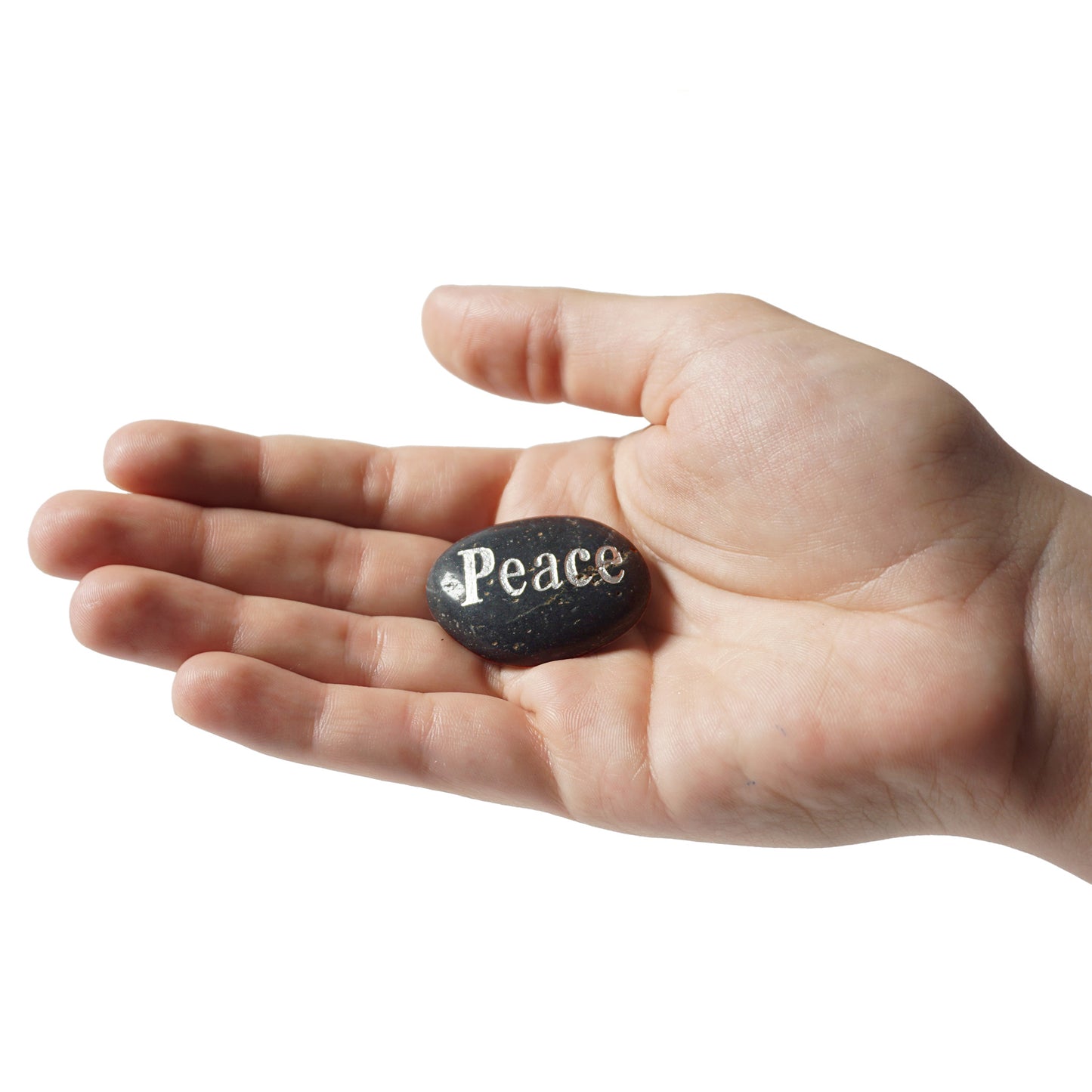 Hand holding a stone with 'Peace' engraved on it against a white background