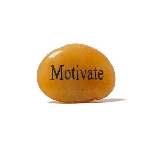 Orange stone with 'Motivate' text on a white background