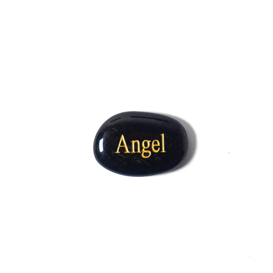 Black stone with 'Angel' engraved in gold on a white background