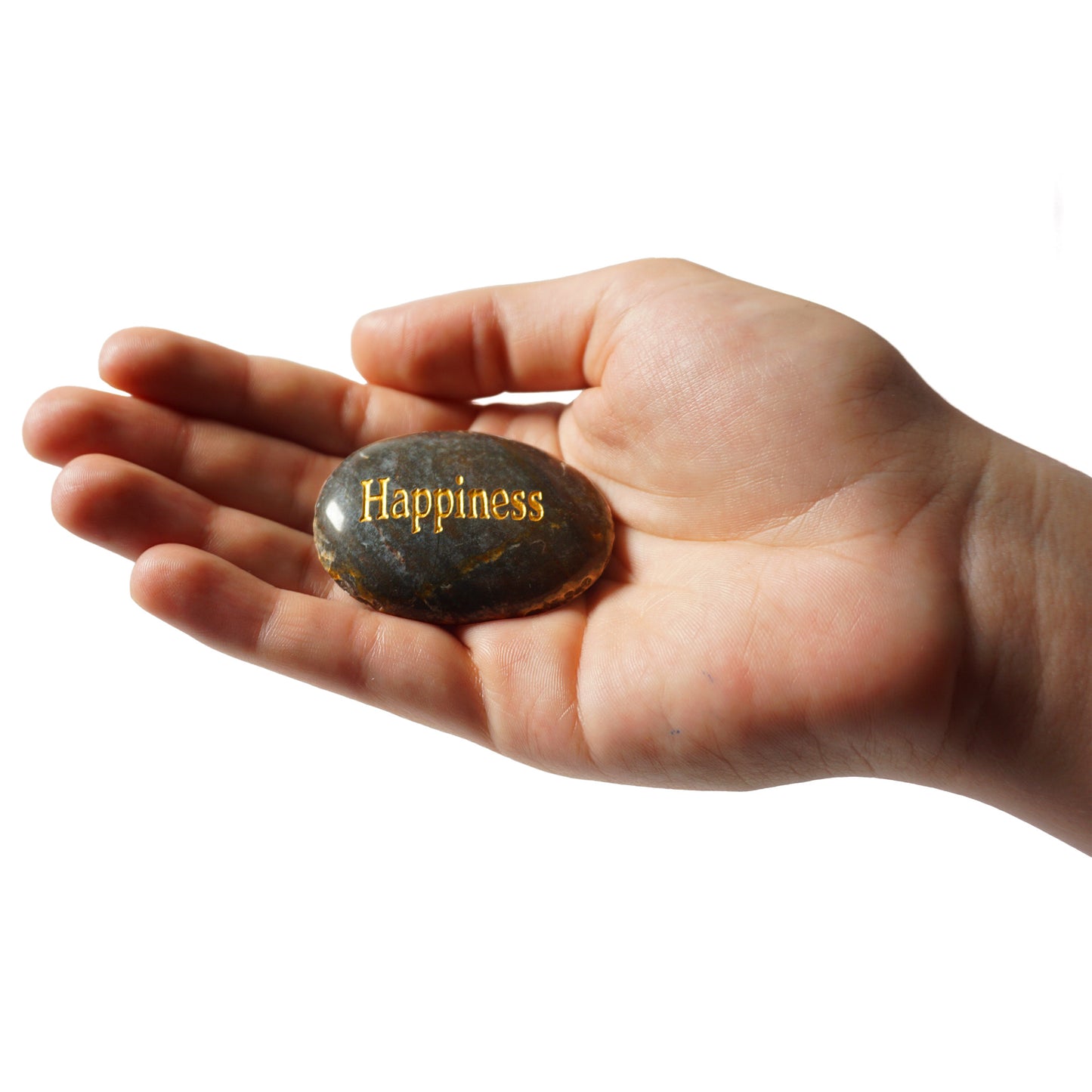 Hand holding a stone with 'Happiness' engraved on it against a white background