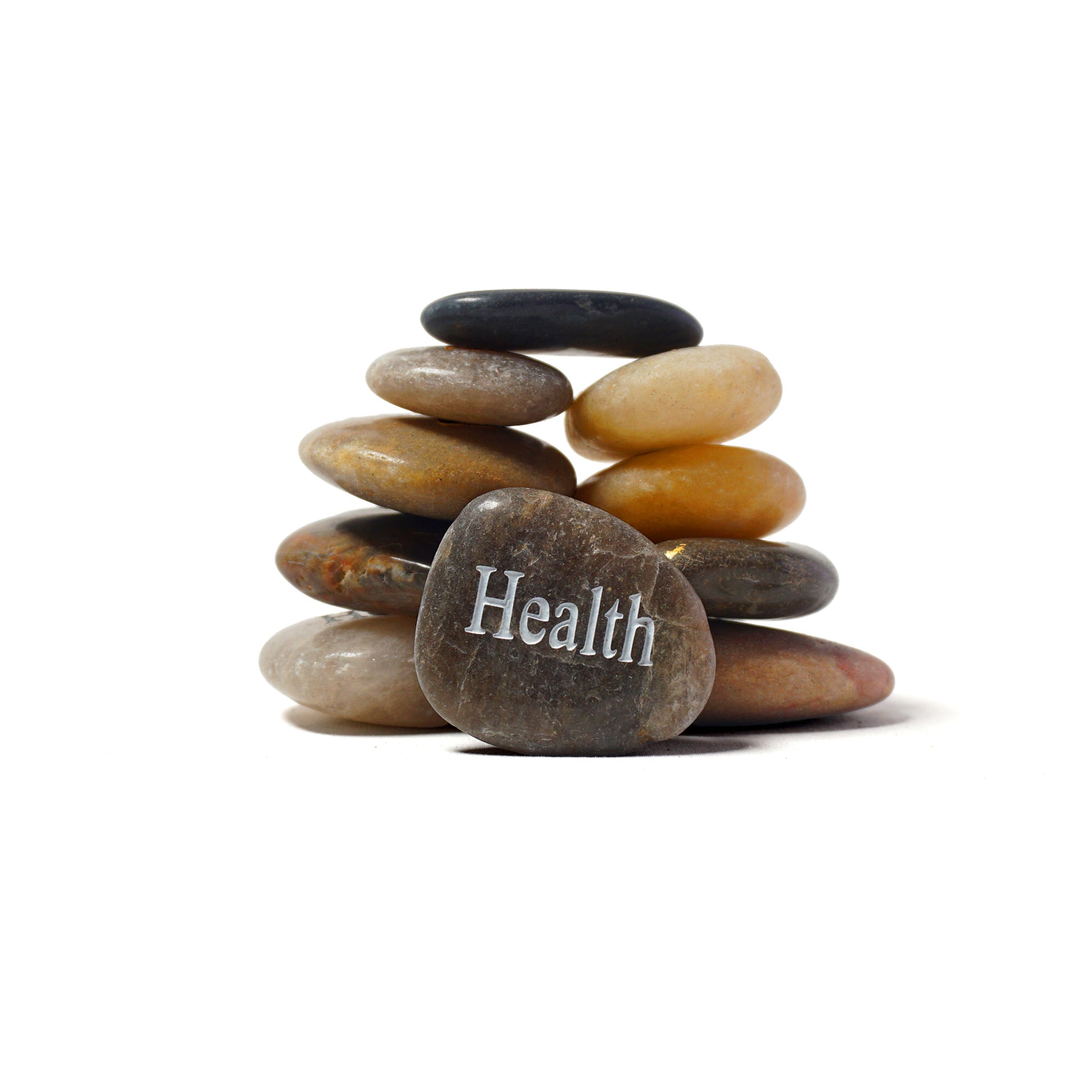 Stack of stones with a smaller stone on top, featuring the word 'Health'.