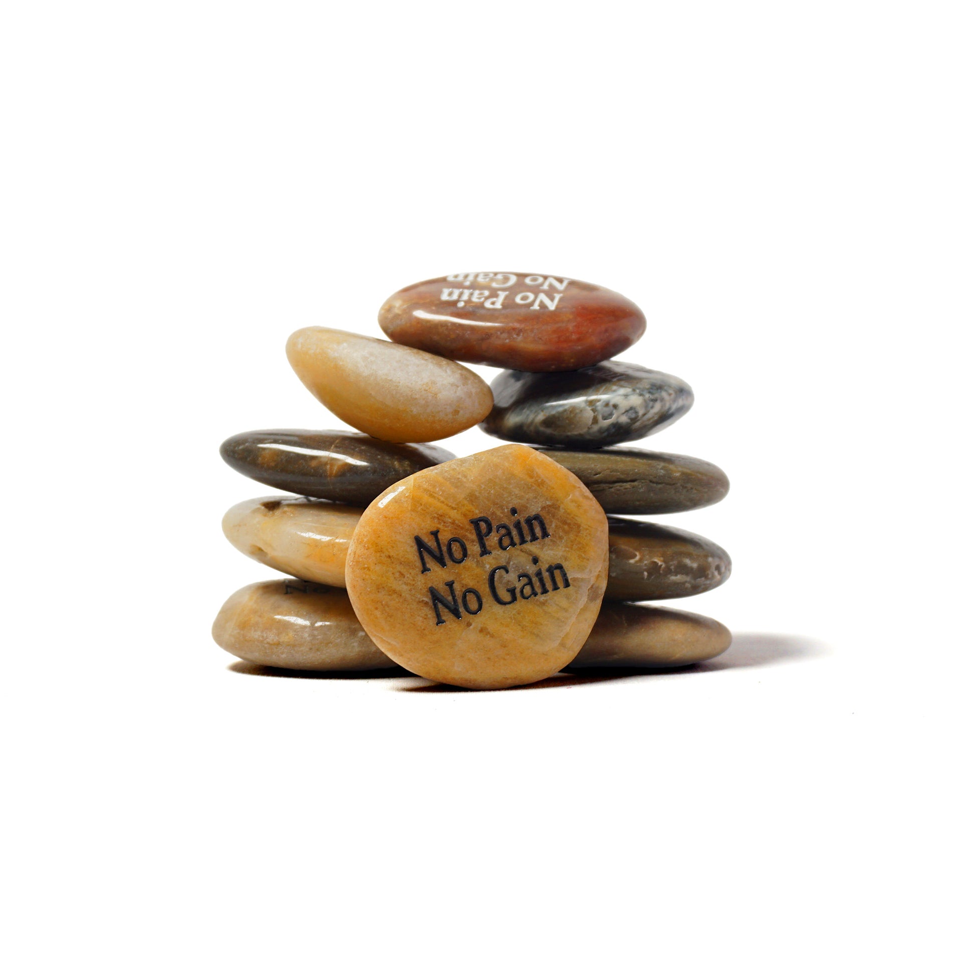 Stack of stones with 'No Pain No Gain' inscription on a white background