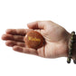 Hand holding a stone with 'Wisdom' engraved on it against a white background